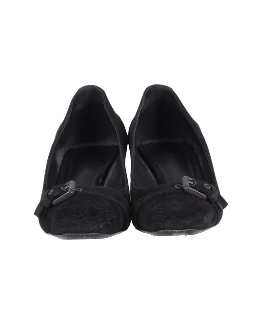 Luxury Bottega Veneta Buckle-Toe 45mm Pumps in Black Suede