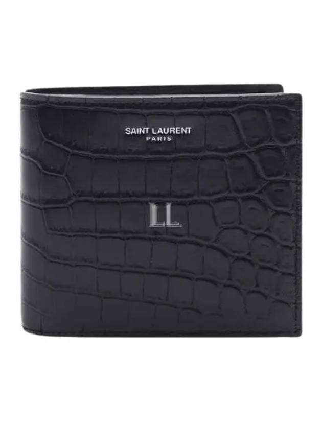 Luxury Saint Laurent Crocodile Pattern Half Wallet Black