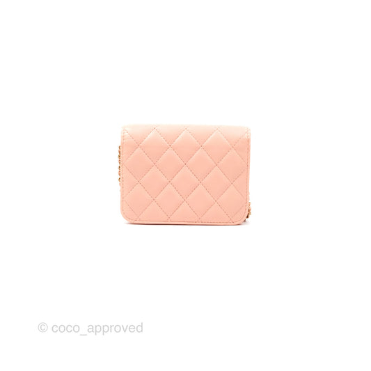Chanel Pearl Crush Card Holder Pink Beige Lambskin Aged Gold Hardware