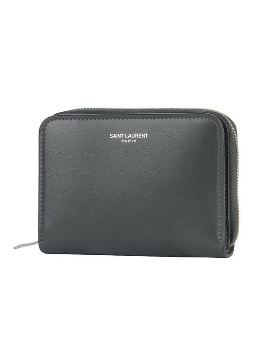 Luxury Saint Laurent Women's Logo Zipper Compact Calfskin Half Wallet Grey