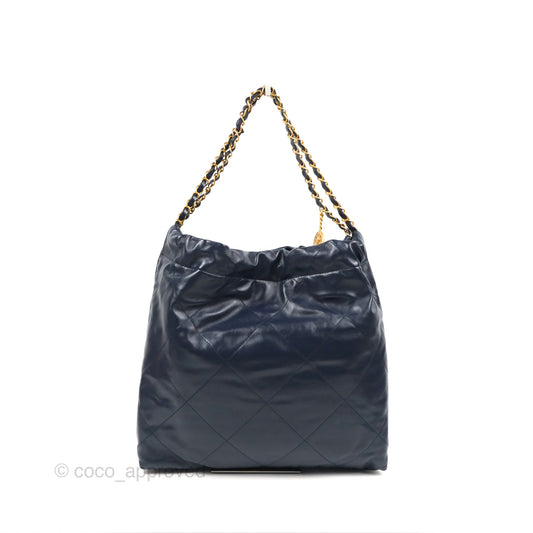 Chanel 22 Medium Navy Shiny Calfskin Aged Gold Hardware
