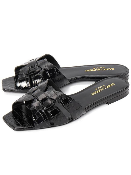 Luxury Saint Laurent Tribute Crocodile Embossed Shiny Leather Mules Black