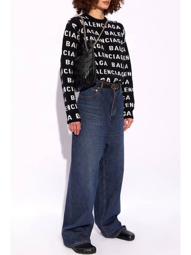 Luxury Balenciaga Intarsia All-Over Logo Crew Neck Knit Top Black