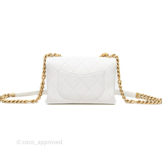 Chanel Bracelet On Chain Small Flap Bag White Caviar Aged Gold Hardware