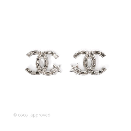Chanel Crystal CC Star Earrings Silver Tone 20P