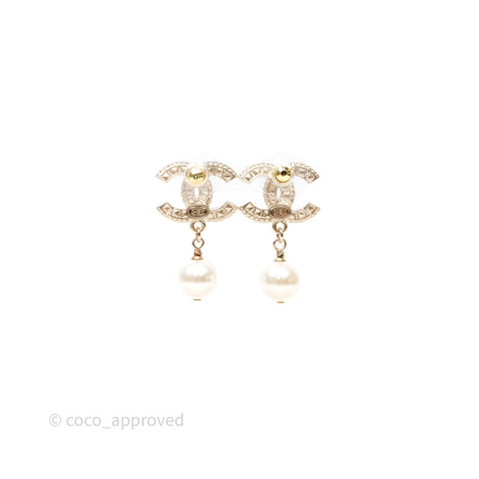 Chanel Crystal CC Pearl Drop Earrings Gold Tone 24V