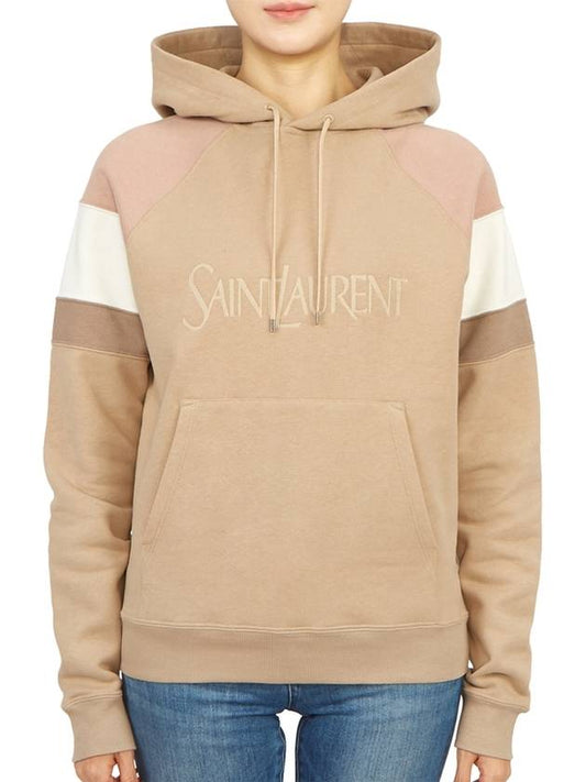 Luxury Saint Laurent Front Logo Cotton Hoodie Beige
