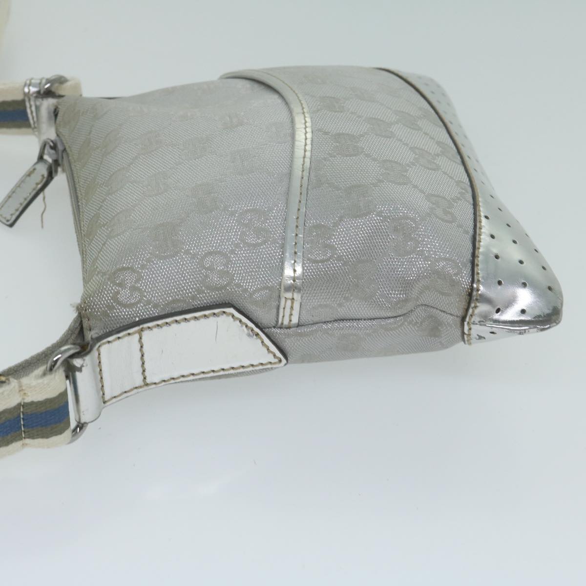 GUCCI GG Canvas Sherry Line Shoulder Bag Silver Blue gray 147671 65500