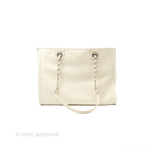 Chanel Medium Deauville Tote Ivory Cotton Silver Hardware