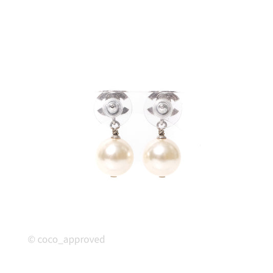 Chanel CC Crystal Pearl Drop Earrings Silver Tone 21V