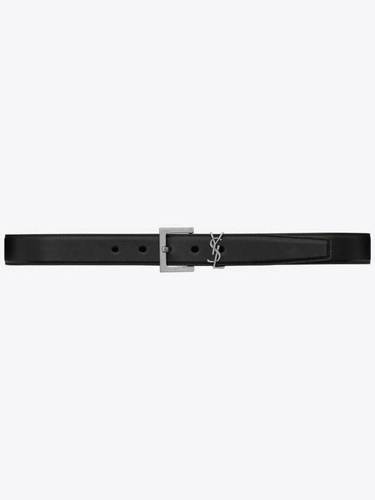 Luxury Saint Laurent Women's Monogram Square Grain Leather Belt Black