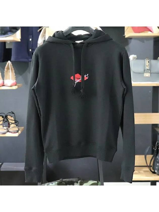 Luxury Saint Laurent Red Lip Print Cotton Hoodie Black