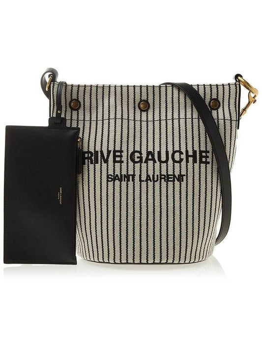 Luxury Saint Laurent Rive Gauche Striped Canvas Leather Bucket Bag Cream Black