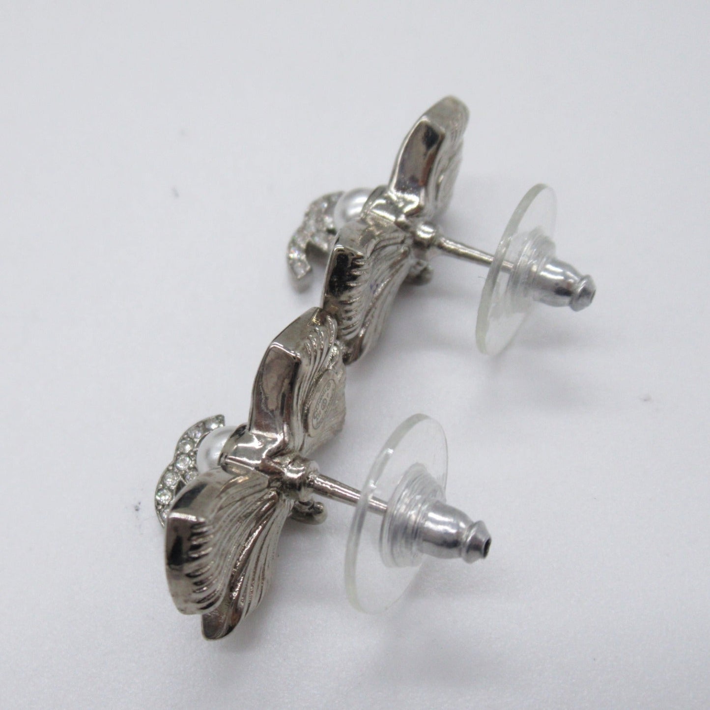 Chanel Ribbon Earrings Jewelry Silver A22/P