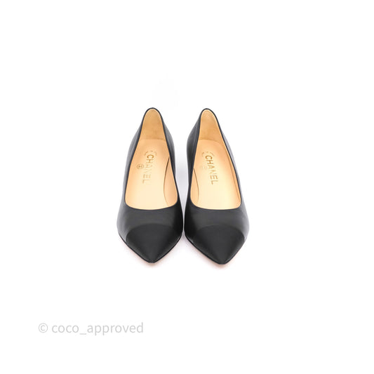 Chanel CC Cap Toe Pumps Heels Black Lambskin Size 38