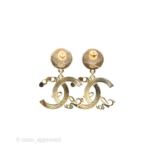 Chanel CC Coco Pearl Drop Earrings Gold Tone 22P
