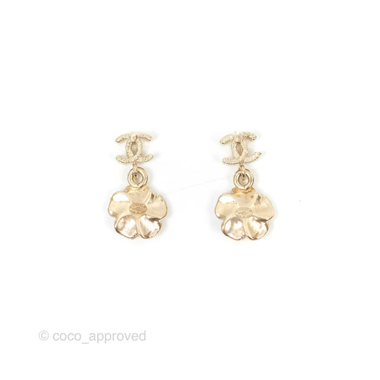 Chanel CC Camellia Drop Earrings Gold Tone 13C
