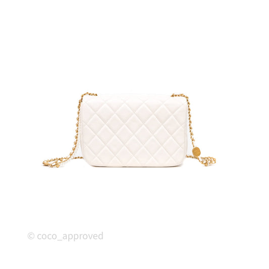 Chanel Flap Bag with Pearl Chain Ivory White Aged Gold Hardware 25P