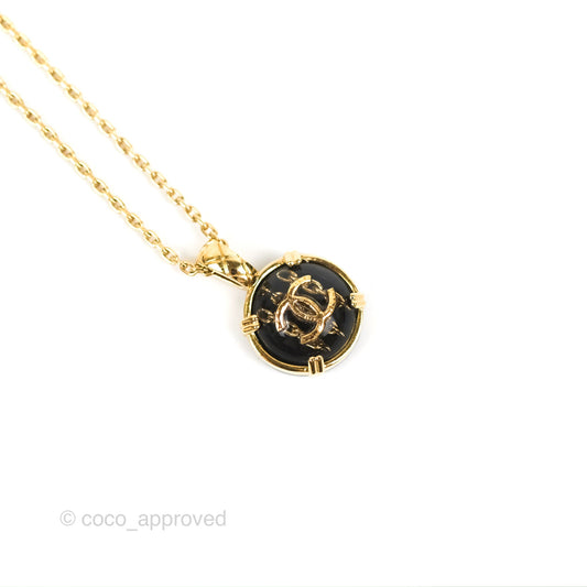 Chanel CC Chain Black Round Pendant Necklace Gold Tone 22A