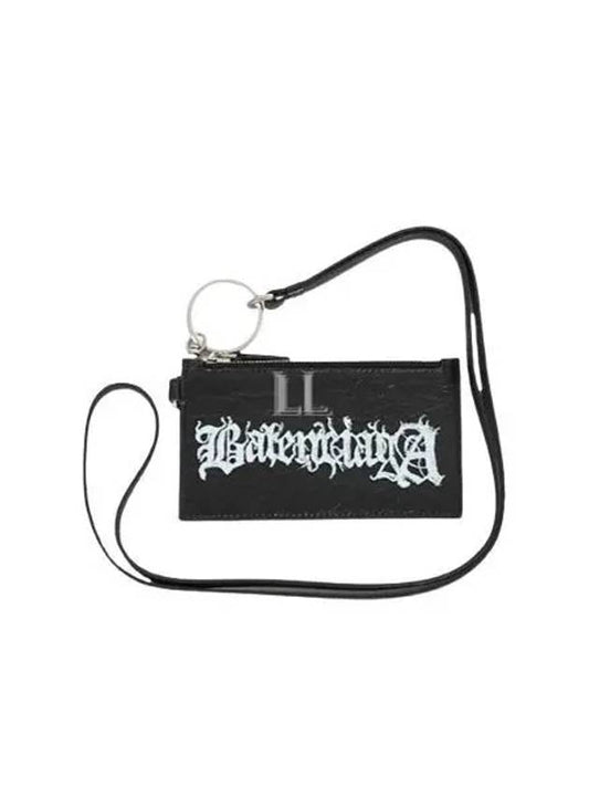 Luxury Balenciaga Logo Print Neck Strap Leather Card Wallet Black