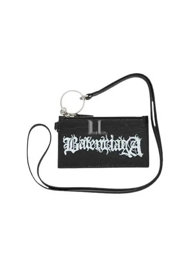 Luxury Balenciaga Logo Print Neck Strap Leather Card Wallet Black