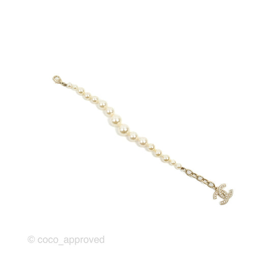Chanel CC Crystal Pendant Pearl Bracelet Gold Tone 17V