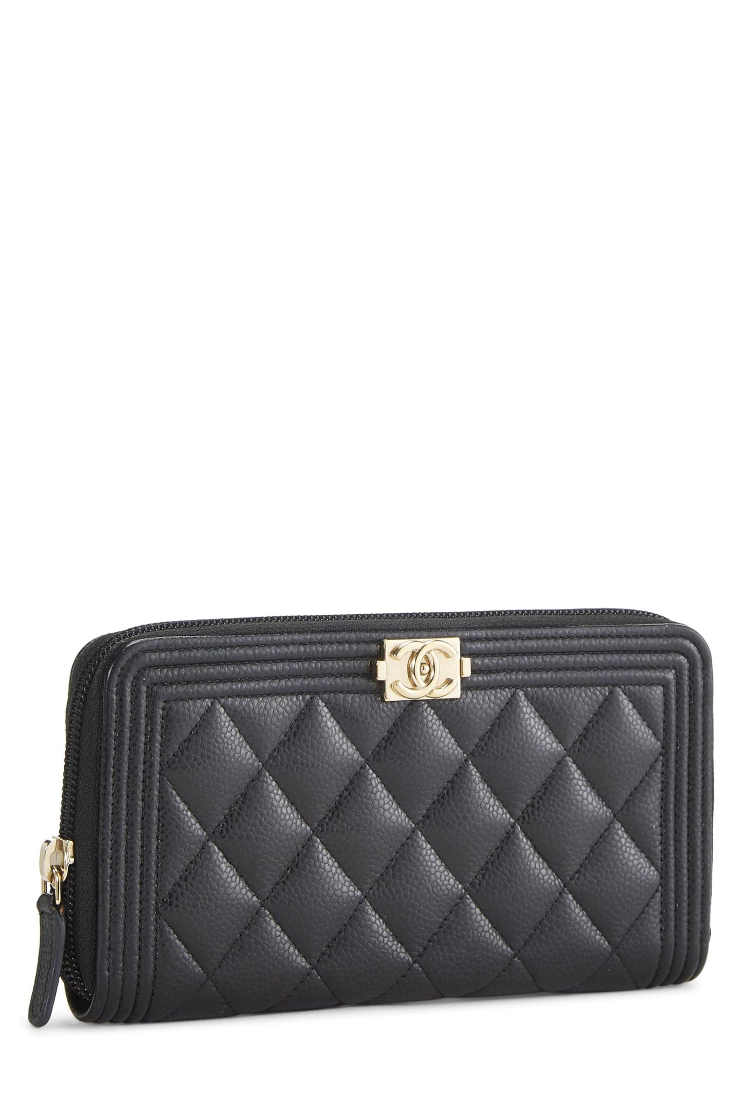 Chanel, Black Quilted Caviar Boy Zip Around Wallet, Black