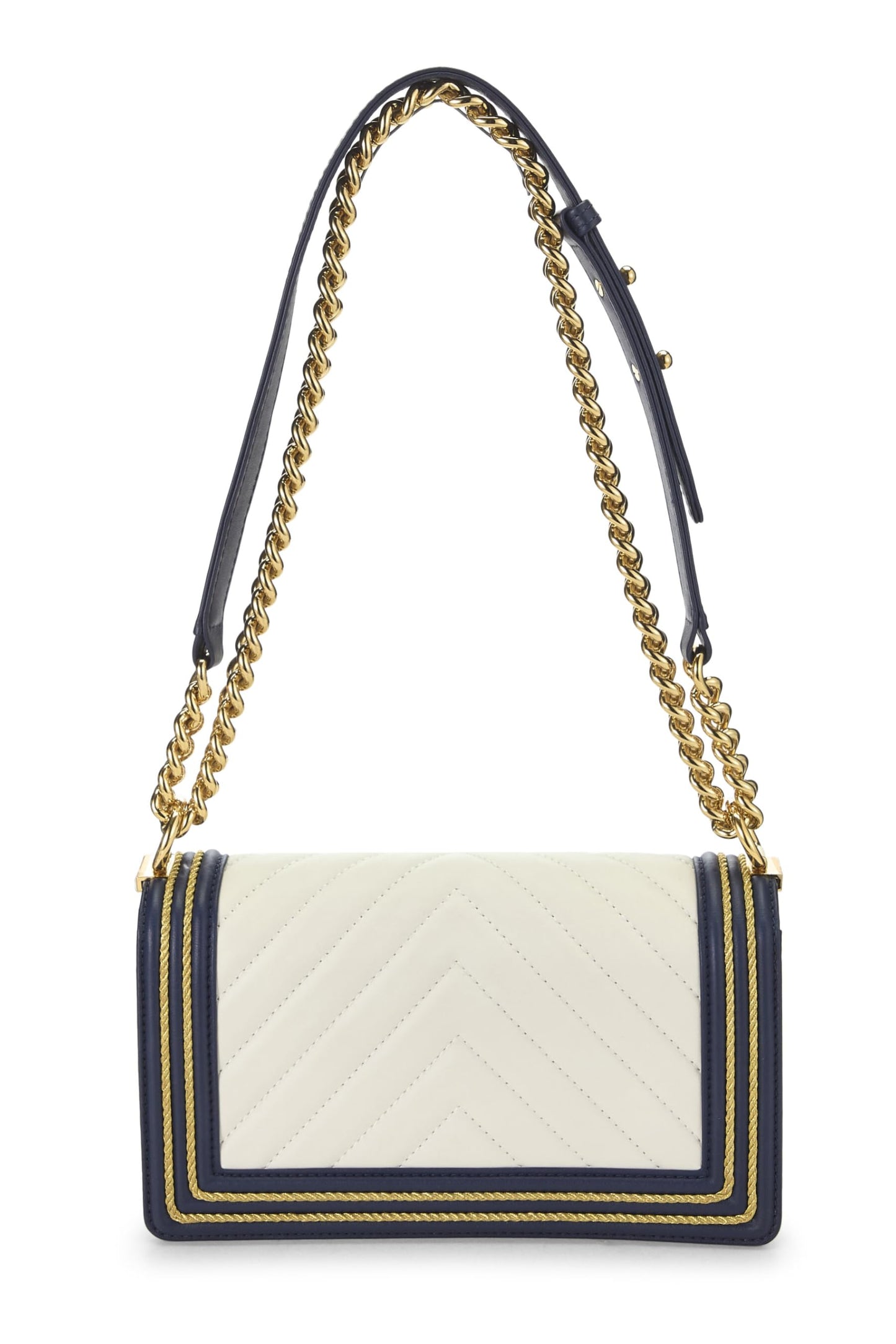 Chanel, Navy Chevron Calfskin Border Boy Bag Medium, Navy