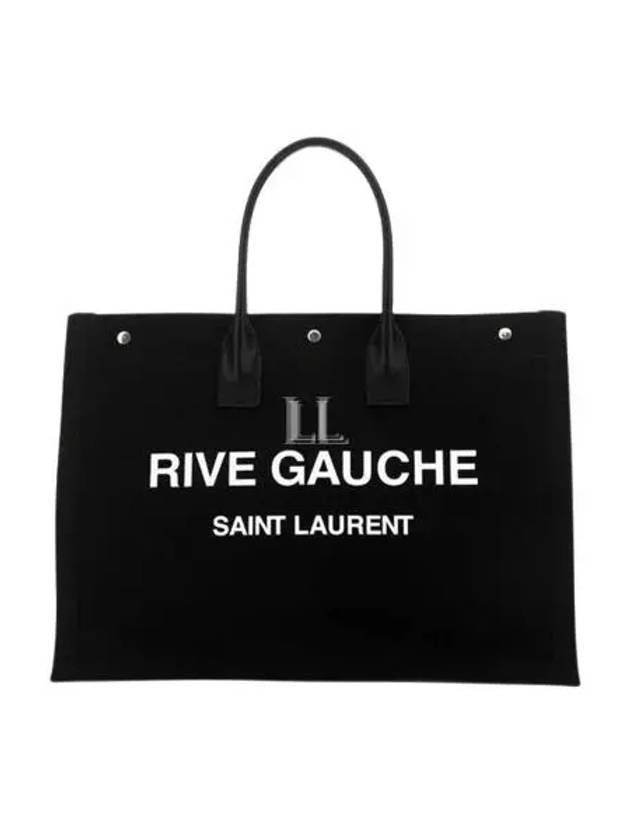 Luxury Saint Laurent Women's Rive Gauche Logo Print Canvas Shopping Tote Bag Black