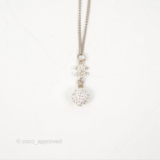 Chanel Crystal CC Pearl Drop Necklace Silver Tone 11P