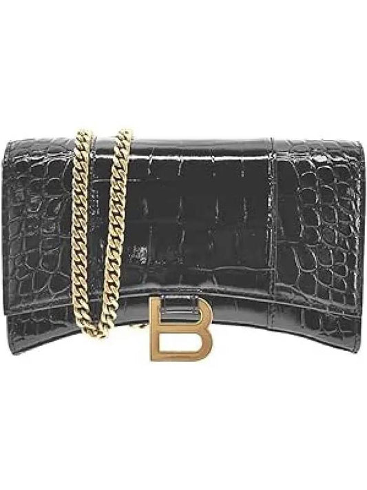 Luxury Balenciaga Hourglass Chain Crocodile Embossed Calfskin Medium Wallet Black