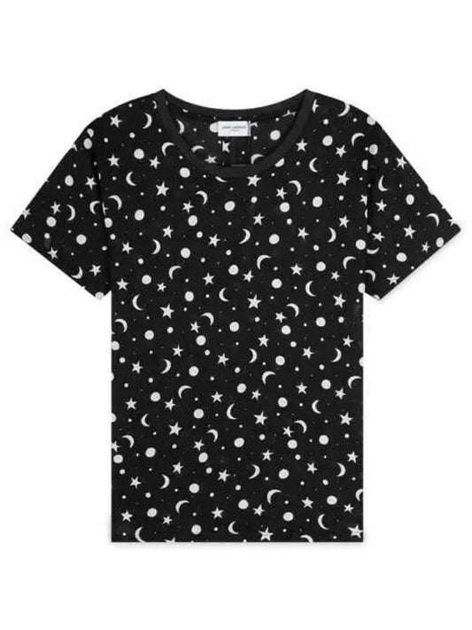 Luxury Saint Laurent Women's Star Print Cotton Short Sleeve T-Shirt Black