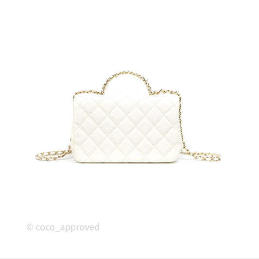 Chanel Crystals Top Handle Mini Rectangular Flap Bag White Lambskin Gold Hardware