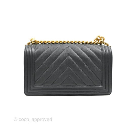 Chanel Chevron Medium Boy Dark Grey Caviar Aged Gold Hardware