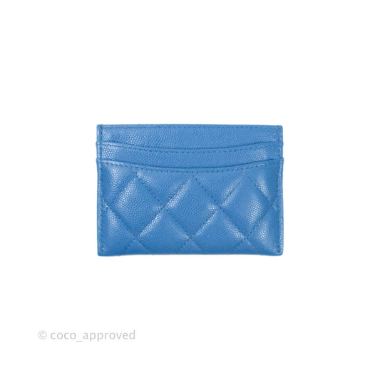 Chanel Classic Caviar Flat Card Holder Blue Gold Hardware
