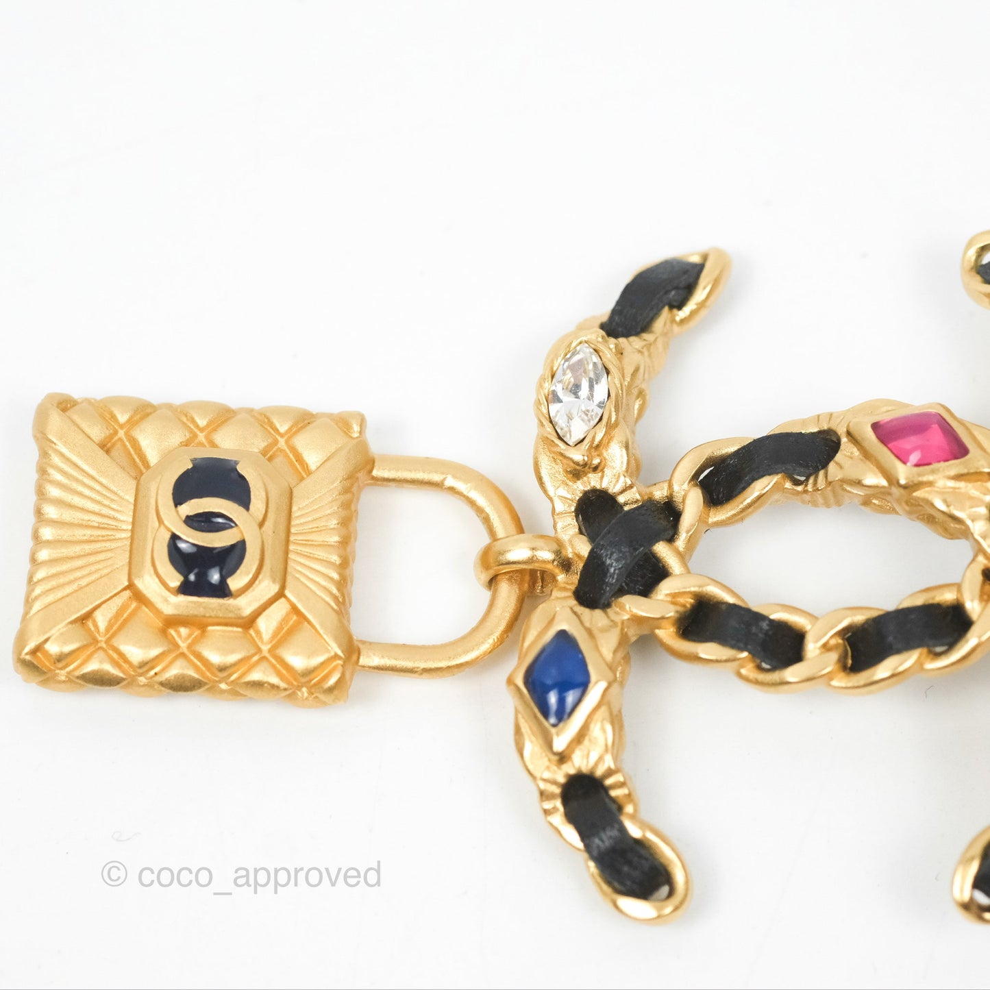 Chanel Crystal CC Braided Black Leather Multicolor Brooch Gold Tone 20C