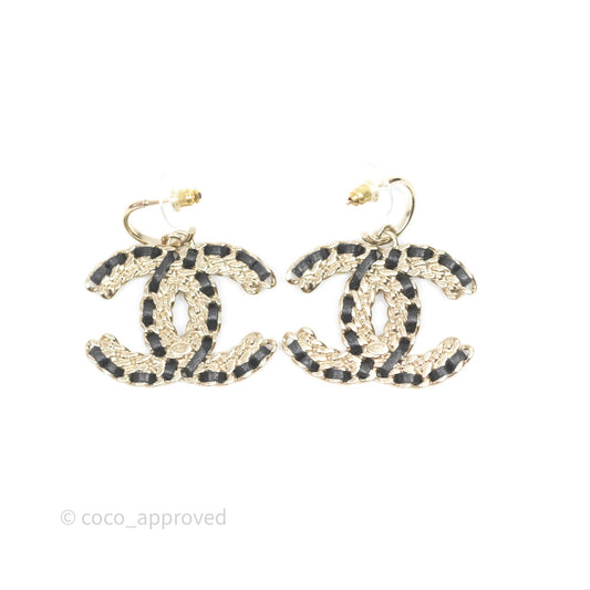 Chanel Crystal CC Braided Black Leather Drop Earrings Gold Hardware 20C