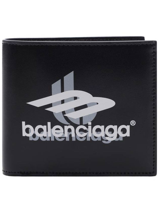 Luxury Balenciaga Logo Print Leather Half Wallet Black