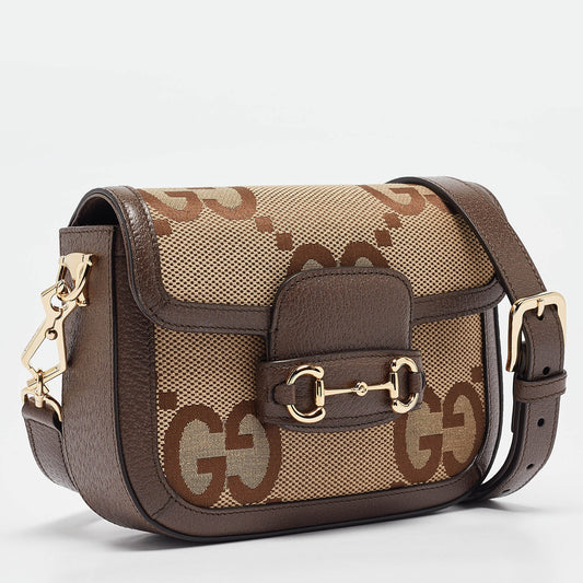 Luxury Gucci Trending 2025 Brown/beige Jumbo Gg Canvas Mini Horsebit 1955 Shoulder Bag..