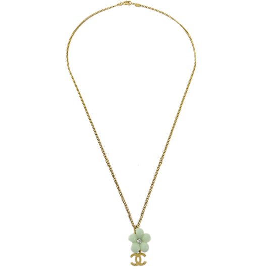 Chanel Flower Pendant Necklace Rhinestone Gold 05A
