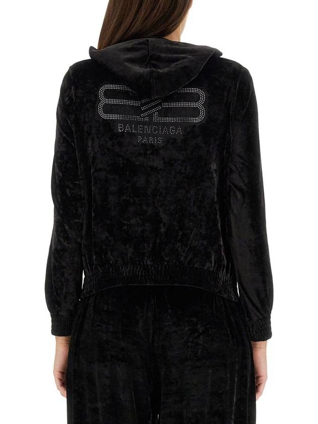 Luxury Balenciaga Women's BB Paris Strass Velvet Zip-Up Hoodie Black