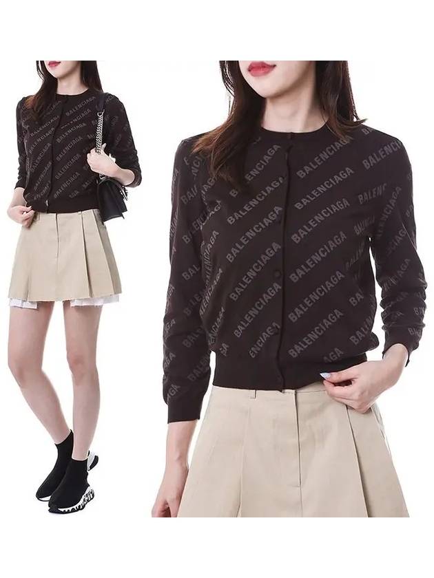 Luxury Balenciaga All-Over Logo Print Cotton Crop Cardigan Brown