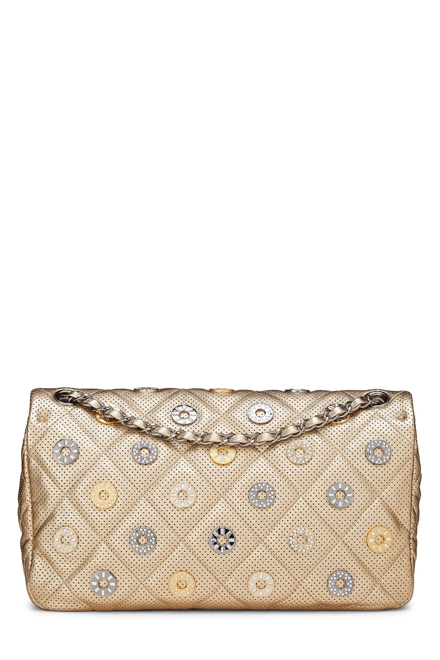 Chanel, Paris-Dubai Gold Perforated Leather Medals Flap Jumbo, Gold