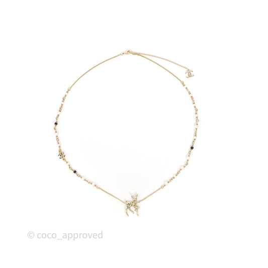 Chanel Crystal CC Pearl Deer Necklace Gold Tone 26C