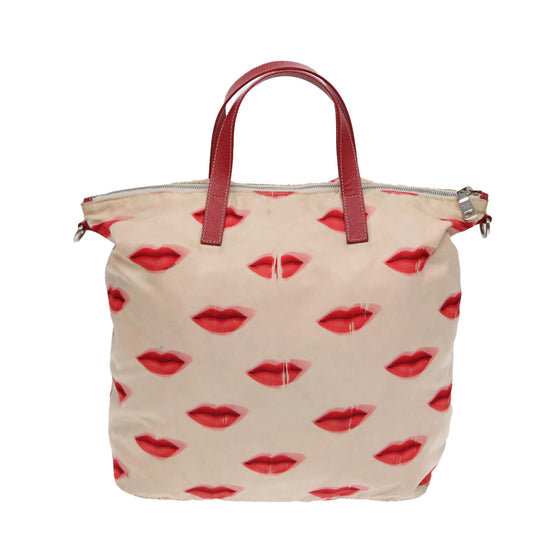 Luxury Prada Hand Bag Nylon 2way Beige Red Silver 85160