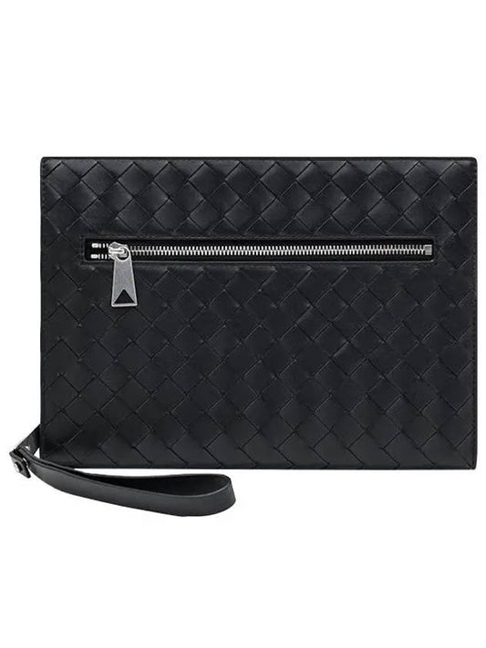 Luxury Bottega Veneta Intrecciato Zipper Small Clutch Bag Black