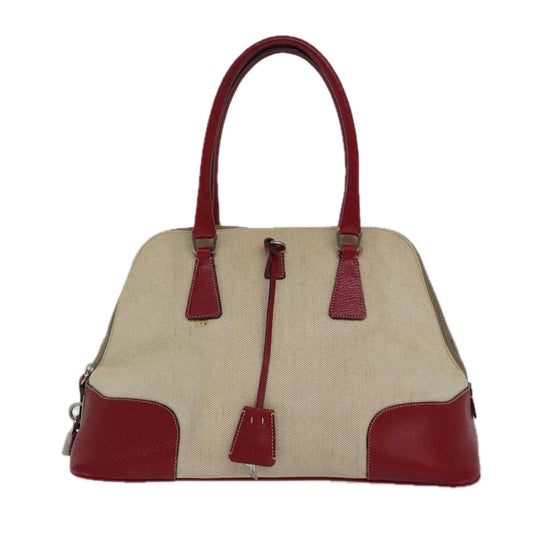 Luxury Prada Hand Bag Canvas Leather Red Beige Silver 85435