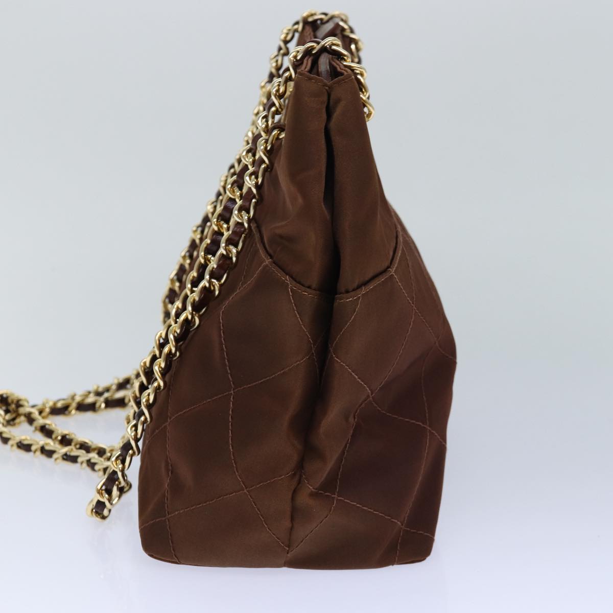 Luxury Prada Chain Shoulder Bag Nylon Brown Gold 85466