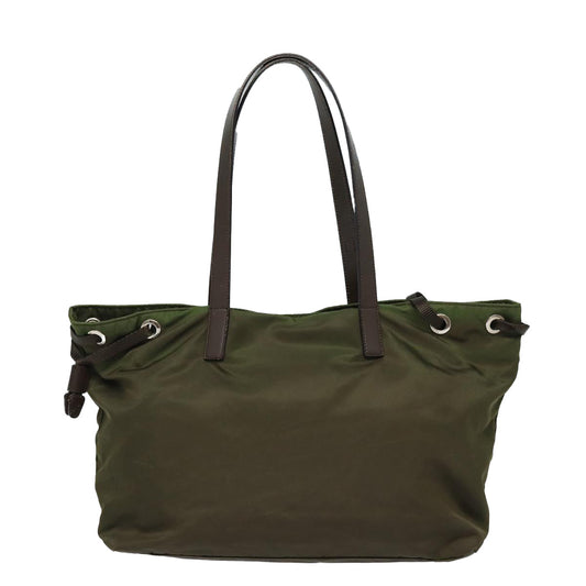 Luxury Prada Tote Bag Nylon Khaki Brown Silver 85713