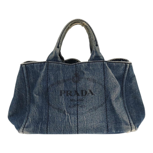 Luxury Prada Canapa MM Hand Bag Denim Blue Gold 86896